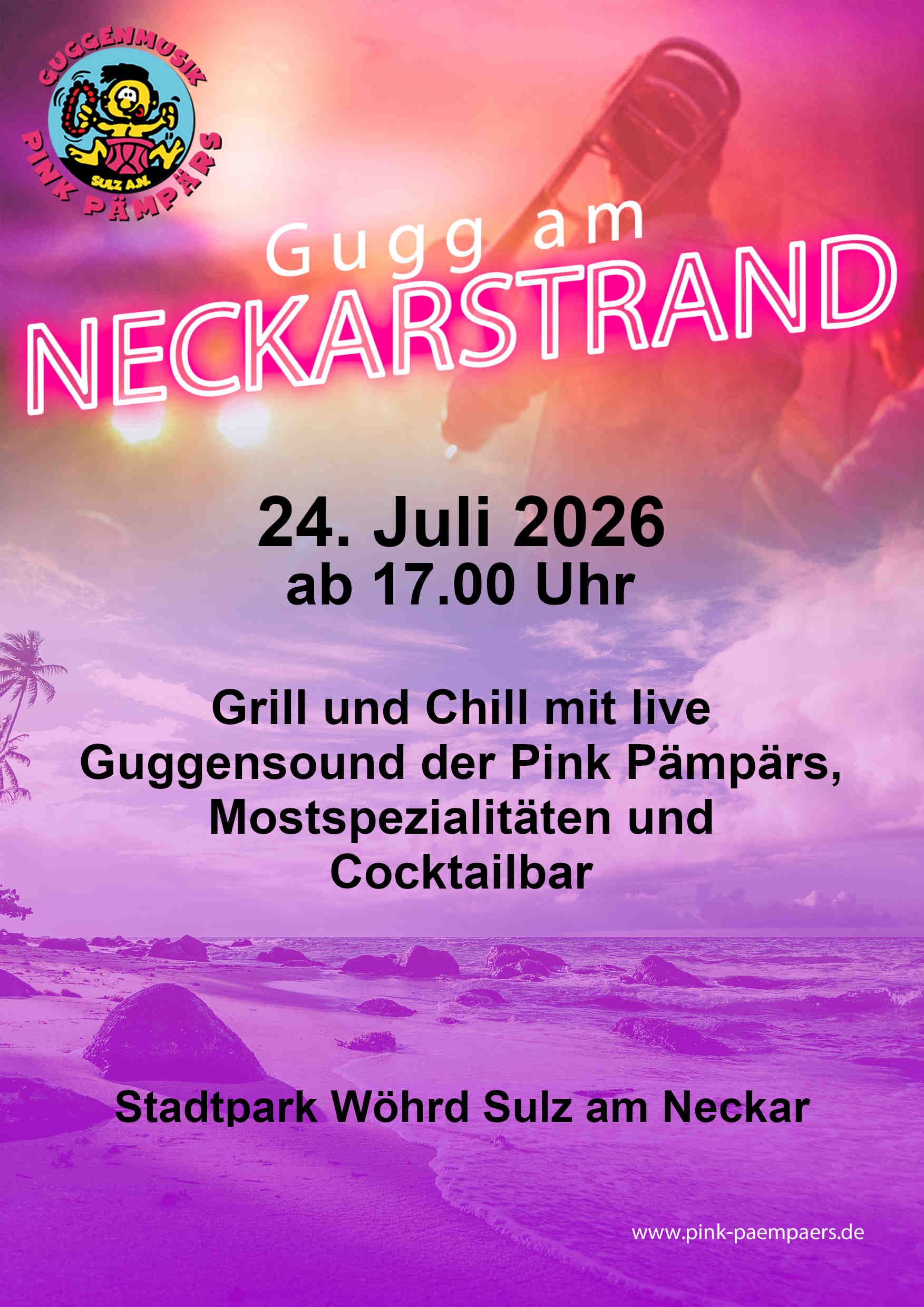 Gugg am Neckarstrand: Grill und Chill mit live Guggensound der Pink Pämpärs, Mostspezialitäten und Cocktailbar im Stadtpark Wöhrd Sulz am Neckar
