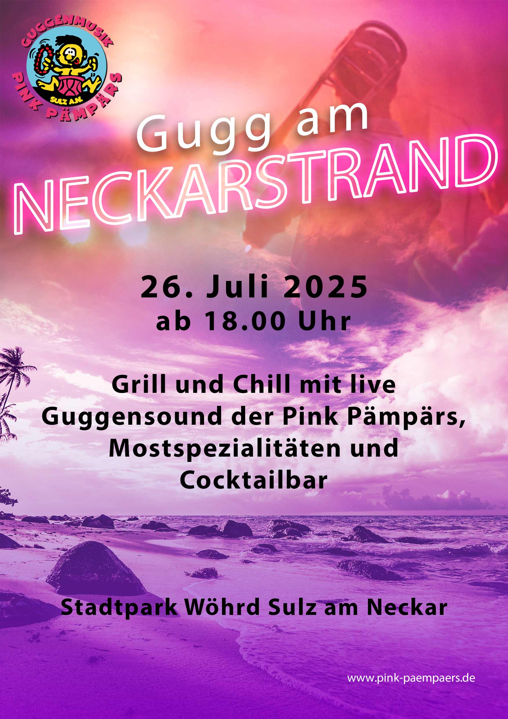Gugg am Neckarstrand: Grill und Chill mit live Guggensound der Pink Pämpärs, Mostspezialitäten und Cocktailbar im Stadtpark Wöhrd Sulz am Neckar